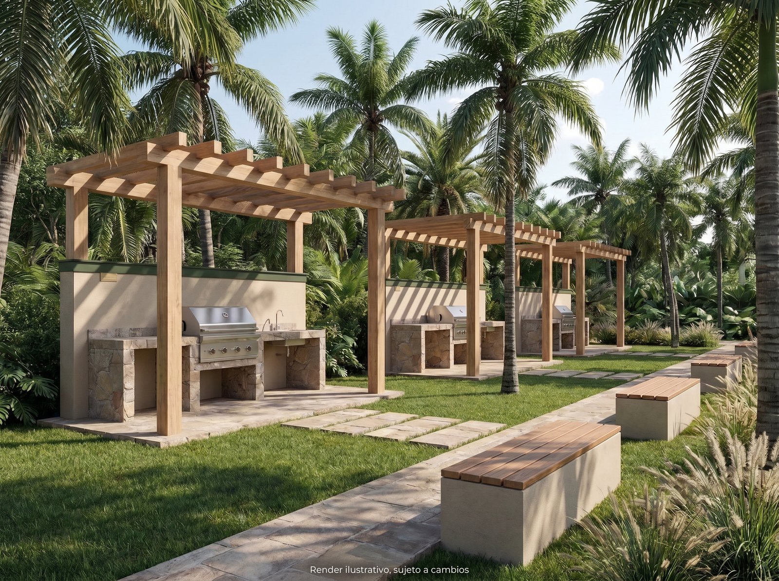 Área de asadores con pérgola y parrillas