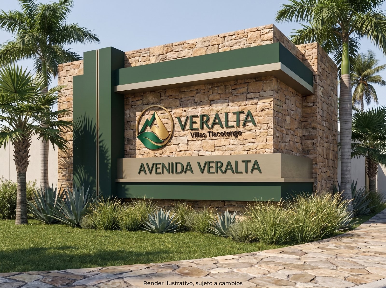 Fachada de piedra con el letrero de VERALTA en la avenida de acceso al desarrollo