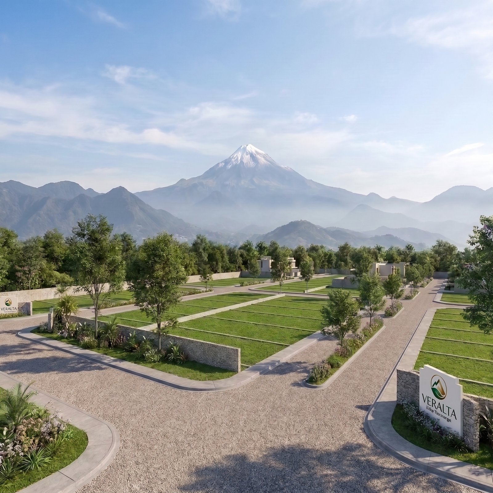 Vista del desarrollo VERALTA Villas Tlacotengo con el Pico de Orizaba al fondo