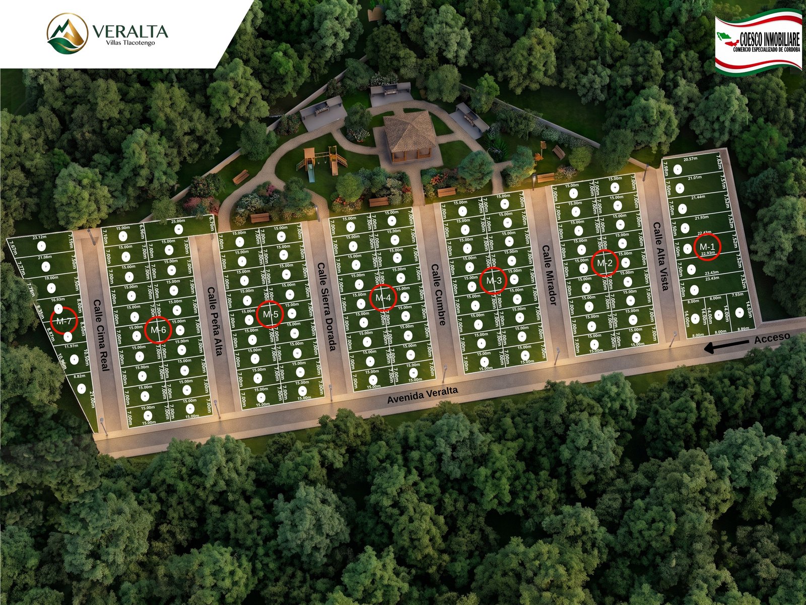 Plano maestro del proyecto VERALTA Villas Tlacotengo, con las siete manzanas M-1 a M-7, las calles internas y la Avenida Veralta